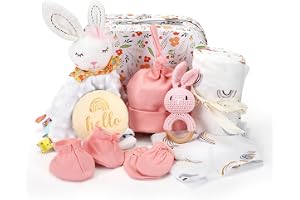 Coffret Naissance Mixte, Cadeau Bebe Naissance avec Jouet Doudou Bébé Hochet Couverture Bavoir Étapes Chaussettes Gants pour Garçons et Filles (Lapin Rose)