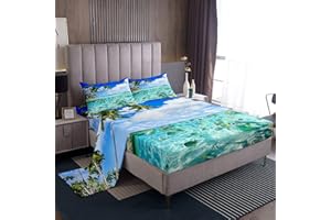 LOUSSIESD Set di lenzuola da spiaggia singolo donne, ragazze, tropicali, oceano tropicale, set di biancheria da letto con animali marini hawaiani, per le vacanze estive, con 1 federa, blu