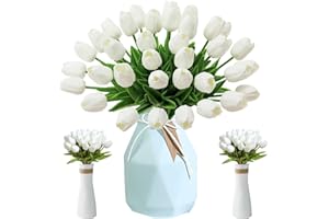 MAIBAOTEMBT Tulipani Artificiali, 12 Pezzi Fiori Finti di Tulipani, Artificiale Tulipani in Lattice, Artificiali Tulipani con Foglie, for Matrimonio, Festa, Composizioni Floreali, Bouquet da Sposa (Bianco)