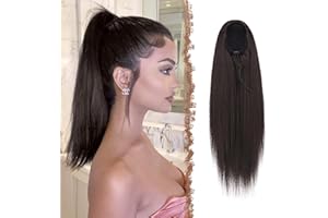 FESHFEN Coleta Postiza pelo Lisa, 40 cm Cola de Caballo Extension Cordón Larga Liso Extension Pelo Coleta Sintéticas Ponytail Drawstring Extensiones de Cabello Coleta, Marrón más Oscuro