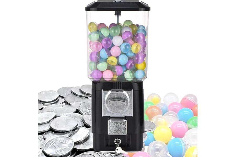 Candy Vending Machines,Coin Operated Bubble Gum Machine,200 Empty Balls, 100 Stainless Steel Tokens,Coin Operated Gumball Bank for Toy Capsules Bouncy Balls Candy,for Game Stores(Black)