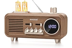 BINGXUE Portable Vintage FM Radio with Clock, Retro Bluetooth Speaker Radios with 2 Warm Light, Toggle 12/24 h Display, Strong Reception, Transistor Plug in Wall for Home, Bedroom（No Alarm Clock）