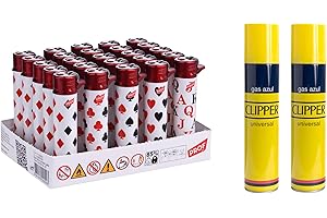 Pack 25 Uds. Mechero Encendedor Redondo Recargable con Piedra recambiable + Pack DE 2 Clipper Gas ISOBUTANO 300 ML para MECHEROS Exclusivo de DISPAU (Playing Cards 25)