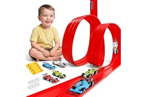 MEKTURM Flexible Toy Car Track for Racing, 6M Roll Up Race Track, 4 Diecast Toy Cars, Mounts on Windows, Doors & Walls for Bumps Jumps Tunnels Loops, Car Track Toys for 3+ Year Old Kids