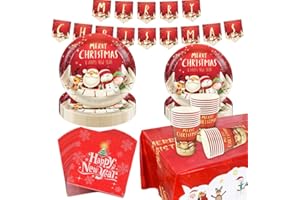 Amycute Set Stoviglie Natalizie, 98 Pezzi Set Piatti Natale Piatti Natalizi Bicchieri di Carta Natale Tovaglia Tovaglioli Tavola per Natale Decorazioni