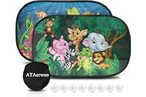 Car Window Shades for Baby Pets with Certified UV Protection,ATAerwoo Static Cling Car Sun Shade for Baby with 8 Suction Cups,Side Window Sunshades with Cute Animal Motifs, (2 Pack) (50.8cmx 30.5cm)