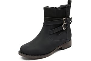 Ataiwee Women's Ankle Boots - Cover with Buckle Strap, Round Toe, Classic Side Zip, Comfortable Platform, Low Chunky Heel Comfort Slip On Fashion (Black/Dark Brown/Grey) Boots.