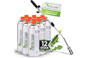 Green Camp® Unkrautvernichter inkl. 12 Gaskartuschen - stabiler Unkrautbrenner mit Piezozündung stufenlos regulierbar – Gasbrenner aus hochwertigem Metall mit ergonomischen Griff