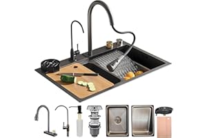 KOOGIMDDR 80x45cm cascata in Acciaio Inossidabile, lavandino multifunzione cucina, Lavabo a Vasca Singola con Montaggio Superiore con Rubinetto Estraibile, Dispenser di Sapone