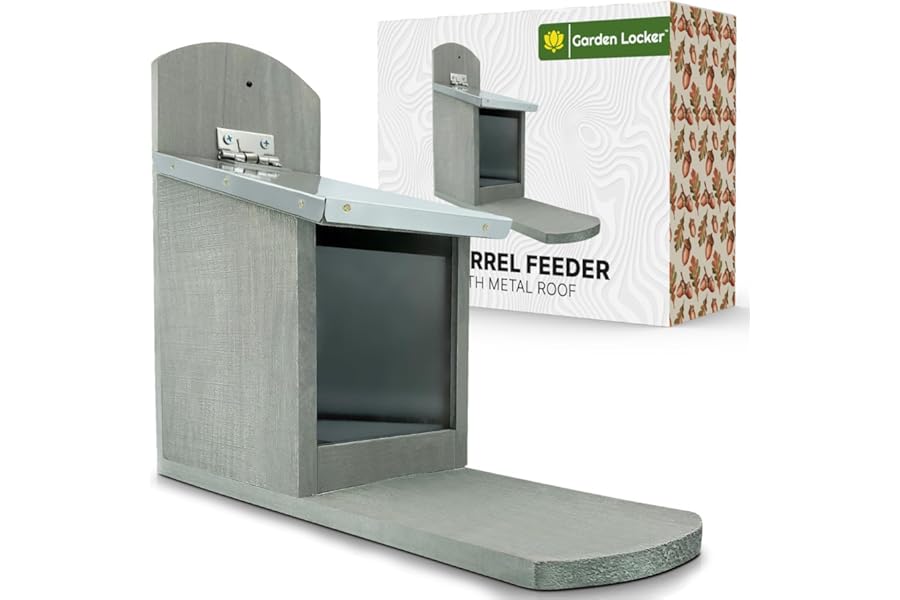 Squirrel Feeder with Metal Roof - Natural Wood in Grey with Extra Long Feeding Platform - Outdoor Wildlife Feeding Station for Encouraging Squirrels to your Garden - Great for Him