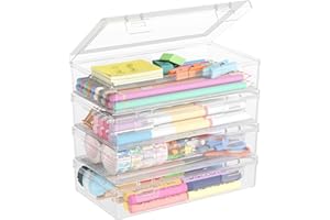 Lifewit Astuccio Colorato con Coperchio Impermeabile, Scatole Plastica, Materiale Scolastico, Organizzatore Impilabile, Astuccio Trasparente per Cancelleria, Forniture per Ufficio, 4 Pezzi
