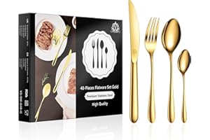 vancasso Set Posate Oro, 48 Pezzi Set di Posate in Acciaio Inox per 12 Persone, 12 Cucchiaio, 12 Forchetta, 12 Coltello, 12 Cucchiaino Tè, Lavabile in Lavastoviglie, Confezione Regalo Perfetta