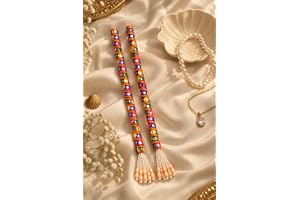 Arrakasta Crafts Decorative Pretty Aesthetic Dandiya Sticks For Dance Kids And Adults Navratri | Colorful Mirror Work With Gold Thread & Pearl Beaded Tassels Premium Handcrafted 1 Pair / 2 Pair Chaniya Choli Gujarati Dandia Kolattam Stick For Garba Dance, Festive Decoration & Gifts
