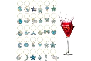 VICDUEKG 31 PCS Weinglas Anhänger Charms, Glas Identifikations Getränke Markierungen Glasmarkierung Thema Strand Getränkemarker Partydekoration für Party Weinglas Wein Cocktail Champagner (Blau)
