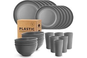 Teivio 24-Piece Kitchen Plastic Dinner Set, Service for 6, Dinner Plates, Dessert Plates, Cereal Bowls, Cups, Unbreakable Plastic Plates and Bowls Set, Outdoor Camping Dishes, Grey