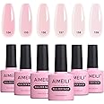 AIMEILI Hema-Free 8 in 1 Builder Base Sheer Color Gel Set, Nude Pink No Need Slip Solution Builder Extension, Soak Off UV LED Gel Polish Multicolour Of 6pcs X 10ml - Gift Kit 37