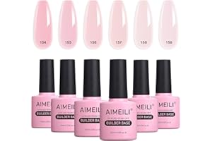 AIMEILI 8 in 1 Builder Base Sheer Color Gel Set, Nude Pink No Need Slip Solution Builder Extension, Soak Off UV LED Gel Polish Multicolour Of 6pcs X 10ml - Gift Kit 37