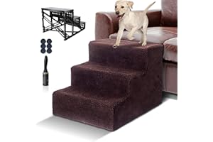 Myiosus Dog Steps for Bed Sofa, 3-Step Dog Stairs for Small & Older Dogs Cats, Non-Slip Portable Plastic Pet Ramp with Washable Cover, Send Lint Roller, 45 x 35 x 30 cm, Brown