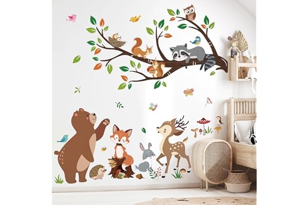 decalmile Stickers Muraux Animaux Forêt Arbre Branche Autocollant Mural Ours Renard Cerf Décoration Murale Bébé Pépinière Chambre Enfants