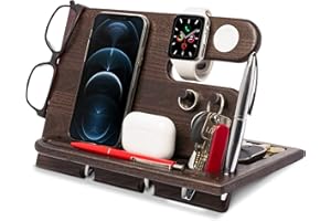 ‎TESLYAR Drewniana stacja dokująca na telefon, popiół, uchwyt na klucze, portfel, stojak na zegarek, organizer, mężczyźni, mąż żona, rocznica, tata, urodziny, szafka nocna, gadżety, kompatybilne z iPhone'em iWatch AirPods (ASH)