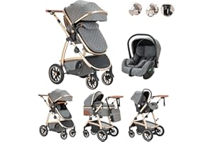Kakbgee 3-in-1 Buggy Kinderwagen, Reisebuggy Klappbar mit ECE R129 Babyschale, Kinderwagen mit Höhenverstellbarem Griff, Kinderbuggy mit Aluminium-Rahmen, Stroller Baby mit Moskitonetz, für 0-4 Jahr