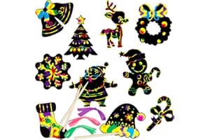 DERAYEE 48 Stück Weihnachten Kratzbilder,Weihnachten Kratzpapier Set,Regenbogen Scratch Art mit 12 Holzstiften und 48 Bunte Bändern für Weihnachten Kinder Geschenk