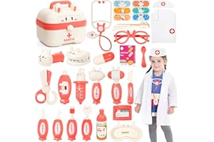YOPTOTE Maletin Medico Juguete, 25 Pzs Kit Medico Infantil Doctora Juguetes Niñas con Estetoscopio Juguete Y Disfraz Enfermera Medico Niña Niño 2 3 4 5 6 Años Educativos -Kit Medico & Set Dentistico