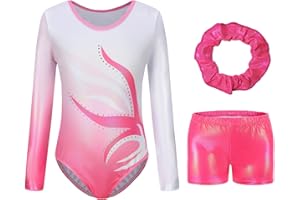 Hotfiary Gymnastics Leotards for Girls Long Sleeve/Sleeveless Sparkle Dance Leotard with Tumbling Gymnastics Shorts Ballet Dancewear for Kids 5-14 Years