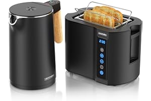 ‎ARENDO Arendo - Wasserkocher Toaster SET - Edelstahl - Wasserkocher mit Temrpatureinstellung - 45-100 Grad - Warmhaltefunktion - Toaster 2 Scheiben mit Touch Display - mit Brötchaufsatz - Schwarz Matt