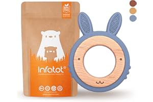 Infatot® Teething Toys for Baby - Rabbit Animal Baby Teethers 0-6 Months & 6M+ Teething Ring Toys for Baby - Baby Essentials for Newborn, Christmas Teether, Wooden Teethers for Babies - Blue Rabbit