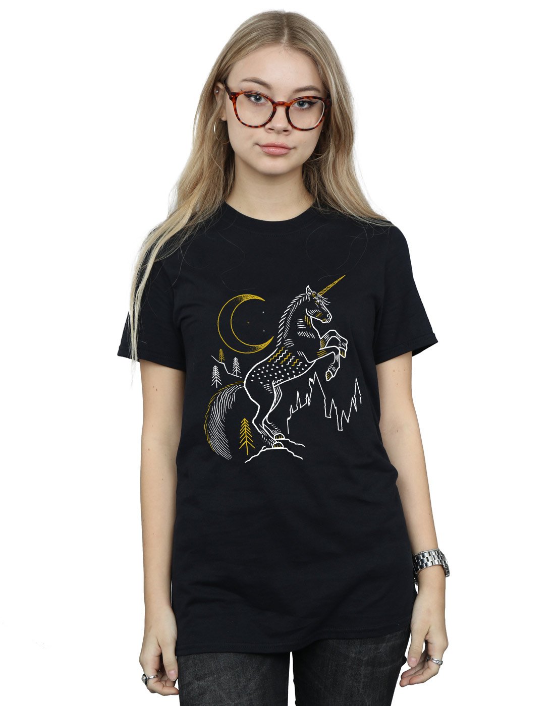 Harry-Potter-Damen-Unicorn-Line-Art-Boyfriend-Fit-T-Shirt-Schwarz-Large