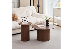 ‎HJHOMEHEART HJhomeheart Runder Couchtisch 2er Set, Beistelltisch aus Holz, Moderner Kaffeetisch mit römischer Säulenbasis für Wohnzimmer, Balkon, Schlafzimmer (Braune Holzmaserung)