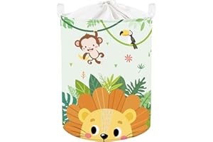 Clastyle 45L Grande Cesta Ropa Sucia Infantil Selva León Animal Verde con Tapa para Chico Chica Cestos Almacenaje Plegable Ropa Juguetes con Asa para Habitación Infantil Dormitorio