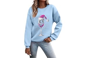 Generisch Weihnachtspullover Damen Sweatshirt Lustig Weinglas Gedruckt Muster Druck Rundhals Langarm Casual Christmas Sweat Oberteile Xmas Pulli Frauen mit Fleece gefüttert Tops