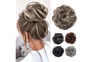 TESS Moño Postizo Grueso Postizos Moño Y Coletas Postizos Moño Rizado Moños Postizos de Pelo Natural Coleta Postiza Coletero Pelo Mujer Extensiones de Pelo Sintético Se Ve Natural,Castaño + Rubio