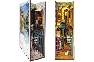 BKONF Fermalibri Diorama in Legno DIY Kit di Costruzione Modelli con Luce a Induzione + Confezione Puzzle 3D Inserti Usato per Organizzare e Decorare Le Librerie
