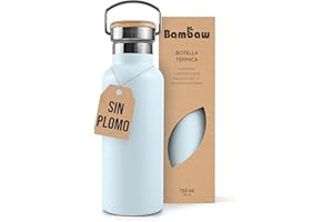 Bambaw Botella de agua aislada al vacío de 750 ml, azul claro, acero inoxidable, a prueba de fugas, botella para caminar
