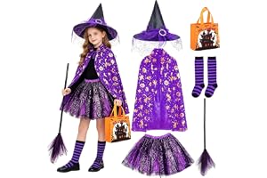 Foreverup häxdräkt barn, halloweendräkt barn häxa | med häxhatt, tyllkjol, godispåse och kvast, för barn, karneval temafest halloween tillbehör