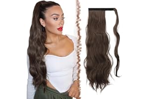 FESHFEN Coleta Postiza Rizada Pelo, 60 cm Largo Ondulado Wavy Ponytail Extension Castaño Medio Cola de Caballo Extensiones Clip Postizos de Pelo Rizado para Mujeres