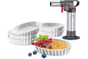Küchenprofi Crème Brûlée zestaw Deluxe 7-częściowy | 1 x palnik do flambirowania | 6 x miseczka z twardej porcelany (85 ml) | nadaje się do piekarnika i kuchenki mikrofalowej | Creme Brulee zestaw z