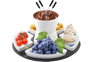 YULIMIRICH Keramik Schokofondue-Topf-Set Käse Fondueset mit Holzpalette 4 Gabeln 4 Tellern Schoko Fondueset Käsefondue für Schokolade Käse Fondue Familienessen Nachtisch Picknicks Geburtstagsfeiern Urlaubsfeiern