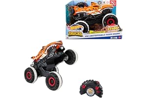Hot Wheels Monster Trucks Coche Teledirigido, Coche de Juguete Radio Control teledirigido Tiger Shark Unstoppable, vehículo Todoterreno, +3 años, HGV87