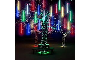 10 Tubes 30CM LED Météore Pluie Lumineuses Guirlandes Solaire,DINOWIN Lumineux Etanche Extérieur Douche Pluie Feux pour Noël Mariage Fête Soirée Maison Arbre Sapin Jardin (Multicolore)