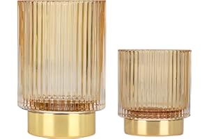 DASITON Makeup Brush Holder Organiser, Crystal Cosmetic Make Up Brush Holder, Glass Makeup Brushes Storage Organiser, Vintage Make Up Cup Pen Pencil Holder Striped Vase (Coffee S+L)