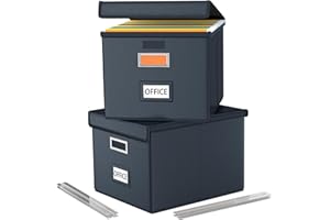 Finew Upgraded Portable File Boxes, Leather File Boxes with Plastic Slide, File Storage Box with Lid for Folder Organiser, Foldable Linen Hanging Document Storage Box 2 Pack(Black)