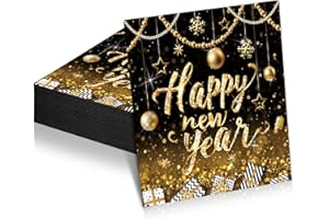 Nymora 20 Serviettes de Noël, Serviettes Noir Or Déco Réveillon 2026, Serviettes en Papier Réveillon 2026 - Parfaite Déco de Table pour Soirée de Nouvel an !