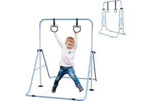 HOMCOM Kids Gymnastics Bar, Horizontal Bar for Kids, Adjustable Height Folding Gymnastics Equipment with Rings, Non-slip Rubber Floor Rings, for Home, Flat