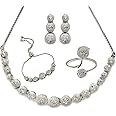 ZENEME Rhodium-Plated Silver Toned American Diamond studded Necklace, Earrings, Bracelet & Ring Jewellery Set for Girls and Women