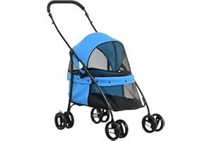 PawHut Hundebuggy Hundewagen mit Kissen Meshfenster, Klappbar Katzenwagen bis 10 kg mit 2 Sicherheitsleinen, Hundetrolley, Oxford-Gewebe, Blau