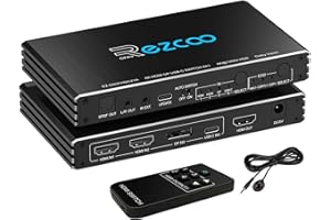 ROFAVEZCO Przełącznik 4K 120 Hz HDMI 2.1 4 x 1 z USB-C DP1.4 i ekstraktor audio (optyczny/3,5 mm out) VRR ALLM HDCP 2.3 HDR Dolby Vision/Atmos – do PS5, Xbox, gier, pilota zdalnego sterowania na podczerwień